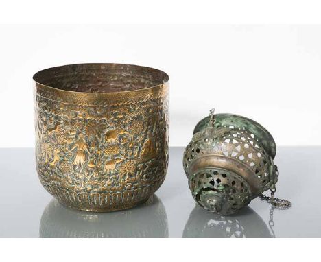 INDIAN BRASS PLANTER AND A PIERCED METAL LANTERN
the planter 21cm high (2) 