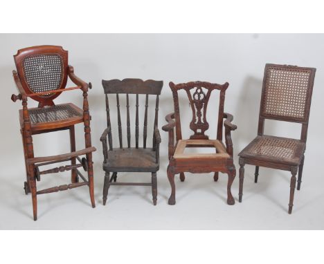 An Edwardian beech childs metamorphic high chair, having cane back and seat, on ring turned legs; together with a childs spin
