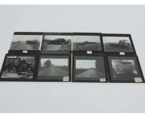 8 x Magic Lantern Slides Showing Images of Vehicle crashes to include Cars, Lorries, Buses and a Bicycle 