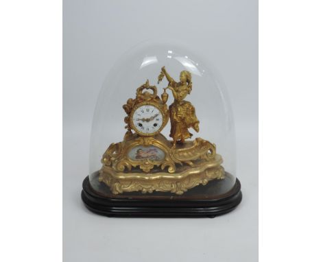 French Gilt Mantel Clock Hand with Painted Porcelain Black Plaque 'BIESAME AINE A AMIENS' - Under Glass Dome overall Height 1