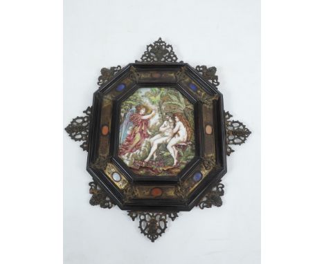 Italian Capodimonte Adam and Eve Porcelain Plaque in Flemish Frame with Hardstone Detail and Cast Bronze Angel Heads 