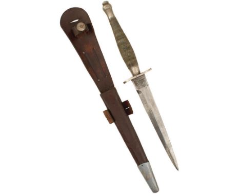 A FIRST PATTERN FAIRBAIRN SYKES COMMANDO KNIFE OR DAGGER, 17cm flattened diamond section blade etched to either side THE F-S 