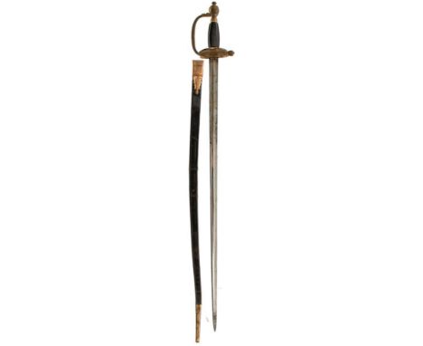 A 1796 PATTERN INFANTRY OFFICER'S SWORD, 81cm fullered blade decorated with scrolling foliage, a stand of arms, crowned Royal