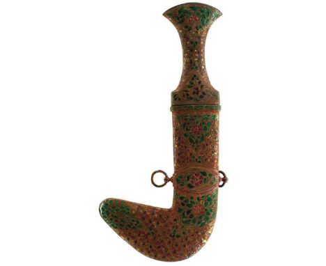 A LATE 19TH OR EARLY 20TH CENTURY PERSIAN JAMBIYA, 24cm sharply curved damascus blade with raised medial ridge, inlaid with a