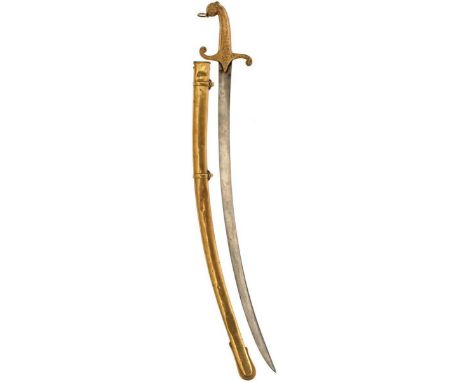 AN EARLY 19TH CENTURY BANDSMAN'S SWORD, 71cm curved blade by Webb, characteristic cast brass hilt decorated with acanthus scr