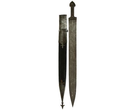 A 19TH CENTURY MONUMENTAL SIZED CAUCASIAN KINDJAL, 109cm double fullered blade etched with a damascus pattern and decorated w