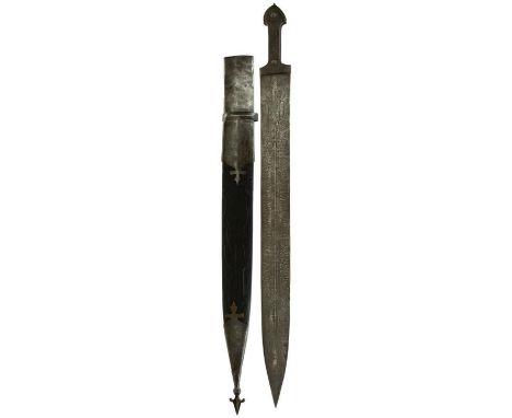 A 19TH CENTURY MONUMENTAL SIZED CAUCASIAN KINDJAL, 109cm double fullered blade etched with a damascus pattern and decorated w