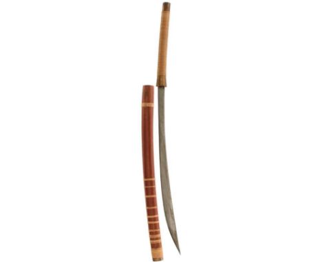 A BURMESE DHA, 52.5cm curved blade, brass mounted reed bound grip, contained in its reed bound wooden scabbard, together with