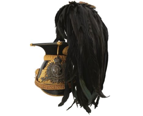 A FINE POST 1902 LANARKSHIRE YEOMANRY OFFICER'S LANCE CAP, the patent leather body and top with gilt mounts, the rayed gilt l