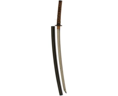 A DAISHO, THE KATANA, 66.8cm Shinto blade with one mekugi-ana signed Sukemitsu and carved with a hi on each side, midare hamo