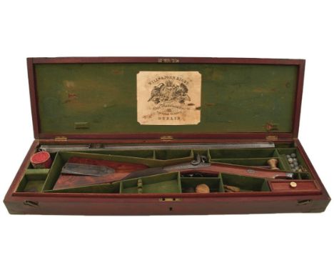 A CASED 13-BORE PERCUSSION RIFLE BY WILLIAM AND JOHN RIGBY OF DUBLIN, 28inch sighted damascus barrel fitted with rear leaf si