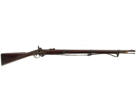 A .577 CALIBRE THREE-BAND PERCUSSION ENFIELD RIFLE, 39inch sighted barrel fitted with ramp and ladder rear sights, border eng