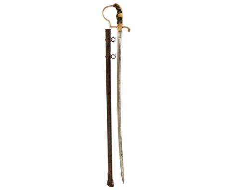 AN IMPERIAL GERMAN SABEL OR SWORD, 80.5cm curved, blade, regulation brass stirrup hilt with wire bound leather grip, worn, co