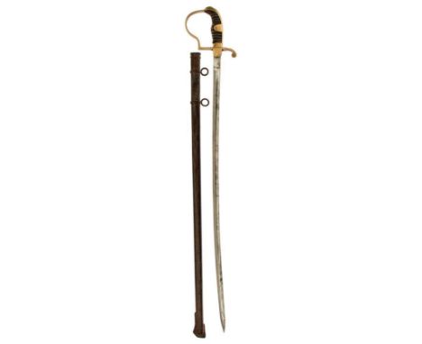 AN IMPERIAL GERMAN SABEL OR SWORD, 80.5cm curved, blade, regulation brass stirrup hilt with wire bound leather grip, worn, co