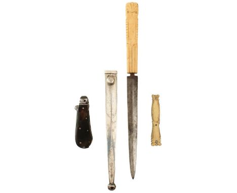 A GROUP OF THREE 19TH CENTURY AMERICAN KNIVES, the first with 14.5cm flattened diamond section blade, carved ivory grip, cont