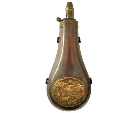 A COPPER POWDER FLASK WITH APPLIED GILT PANEL, the latter depicting a hunting scene, together with four variously embossed co