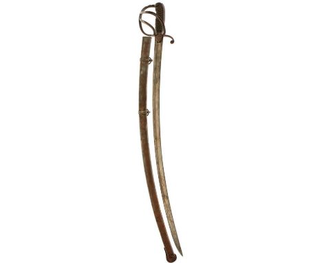 A SAXON (?) CAVALRY SWORD, 78.5cm sharply curved blade, regulation three-bar steel hilt, wire bound leather grip, contained i