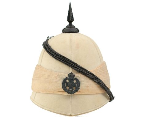 A RARE RIFLE BRIGADE OFFICER'S FOREIGN SERVICE HELMET, the white six panel body with ten pleat pagri wrap, blackened KC regim