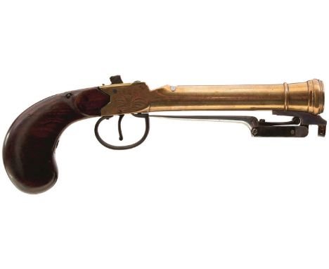 A BRASS PERCUSSION BOXLOCK BAYONET BLUNDERBUSS PISTOL, 5.5inch barrel, converted from flintlock, hammer and nipple lacking, b