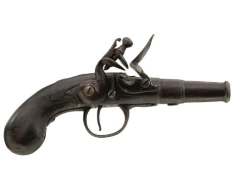 AN 80-BORE FLINTLOCK QUEEN ANNE POCKET PISTOL BY WYNN, 2inch turn-off cannon barrel, border and scroll engraved rounded actio