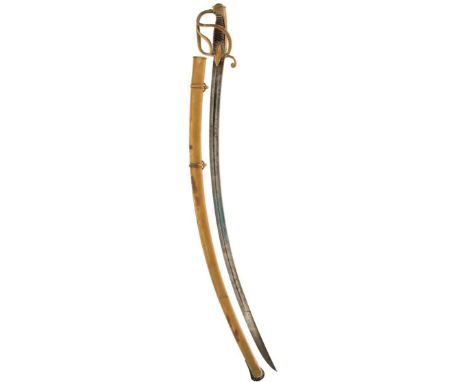 A FRENCH OFFICER'S SWORD, 83.5cm curved blade decorated with scrolling foliage and stands of arms on a faded and rubbed blued