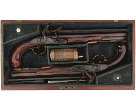 A CASED PAIR OF IRISH 16-BORE FLINTLOCK DUELLING PISTOLS BY CLARKE, 10.25inch sighted octagonal swamped barrels signed Clarke