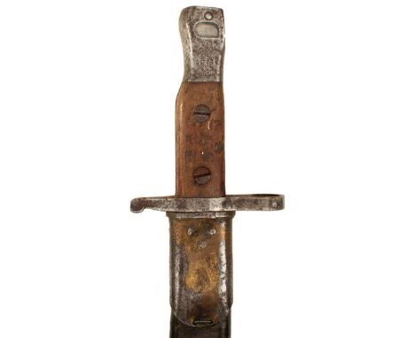 A CANADIAN ROSS BAYONET, the pommel with maker's details and patent date of 1907, contained in its steel mounted leather scab