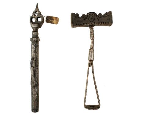 A 17TH CENTURY NORTH EUROPEAN WHEEL-LOCK COMBINATION TOOL, comprising triple spanner and powder measure, together with a spru