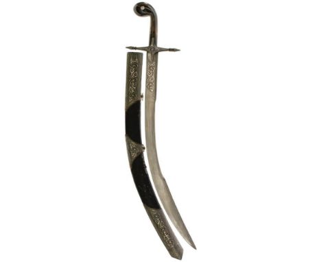 A MODERN TURKISH KILIJ, 73cm sharply curved T-section damascus blade decorated with silver koftgari, characteristic hilt with