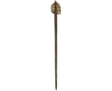 A VERY RARE EARLY 18TH CENTURY BRASS HILTED PINCH OF SNUFF SCOTTISH BASKET HILTED BROADSWORD, 89.5cm double fullered blade, p