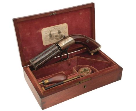 A FINE AND VERY RARE CASED 80-BORE SIX-SHOT PEPPERBOX REVOLVER BY COOPER, 3.75inch fluted case colour hardened barrels, borde