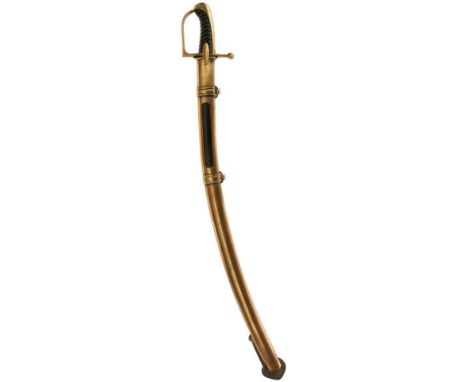 A REPRODUCTION FRENCH CAVALRY TROOPER'S SABRE, 85.5cm curved bade, regulation brass hilt with wire bound leather grip, contai
