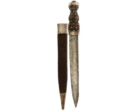 A 19TH CENTURY SCOTTISH PIPER'S DIRK, 28cm blade with faceted back edge, white metal mounted hilt decorated with thistles, Ce