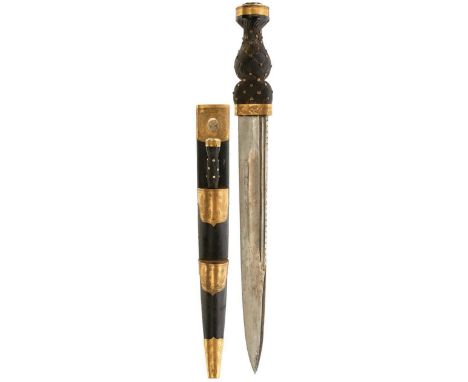 A GORDON HIGHLANDERS OFFICER'S DIRK, 31.5cm blade with faceted back edge, characteristic gilt mounted hilt decorated with scr