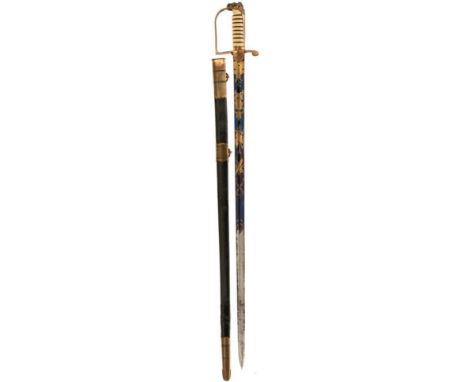 AN 1805 PATTERN NAVAL OFFICER'S BLUED AND GILT SWORD, 81.5cm blade brightly decorated with scrolling foliage, angels, stands 