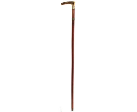 A VICTORIAN SWORD STICK, 68cm tapering diamond section blade with push button catch, natural horn handle crudely carved R B S