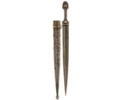 A SILVER MOUNTED CAUCASIAN OR DAGESTANI KINDJAL, 35cm fullered blade, some pitting, characteristic silver niello hilt decorat