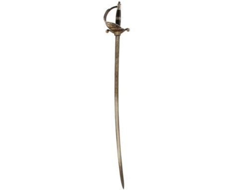 A GOOD QUALITY SPANISH TOLEDO SWORD, 87.5cm curved fullered blade decorated with scrolling foliage highlighted in gilt, maker