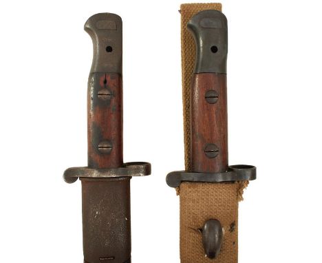 A BRACE OF 1903 PATTERN BAYONETS, one by Sanderson with external chape to scabbard, complete with frog, the other Enfield sta