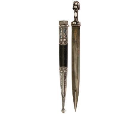 A LARGE SILVER NIELLO MOUNTED CHECHEN OR CIRCASSIAN KINDJAL, 39.5cm double fullered blade etched with a swirling motif in the