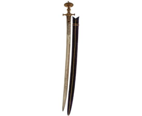 A FINE LATE 18TH CENTURY MUGHAL INDIAN KIRACH OR SWORD, 83cm slightly curved multi fullered Wootz damascus blade chiselled wi