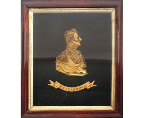 A VICTORIAN GILT METAL RELIEF BUST PORTRAIT OF ARTHUR WELLESLEY, 1ST DUKE OF WELLINGTON, looking to sinister and in full mili