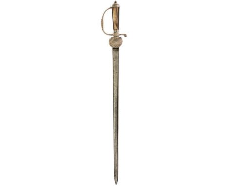 AN 18TH CENTURY ENGLISH SILVER HILTED HUNTING HANGER, 56.5cm fullered blade, double edged towards the tip, characteristic sil
