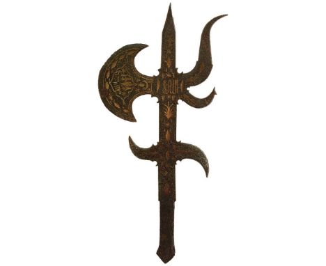 A 19TH CENTURY SUDANESE BATTLE SCEPTRE OR AXE, iron with brass inlays depicting pseudo Arabic inscriptions, foliate designs a