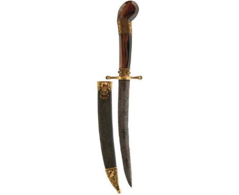 A FINE QUALITY 19TH CENTURY TURKISH OR OTTOMAN DAGGER, 17.5cm curved flattened diamond section blade with etched damascus dec