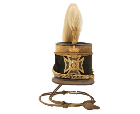 A FINE AND RARE 14TH LIGHT DRAGOONS OFFICER'S 1855-1861 PATTERN SHAKO, the black beaver skin covered body with patent leather