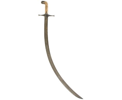 A 19TH CENTURY PERSIAN SHAMSHIR, 80cm sharply curved multi fullered etched damascus blade decorated with a small panel of cal