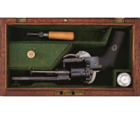 A CASED SIX-SHOT PINFIRE REVOLVER, 4inch sighted blued barrel, border engraved blued cylinder and frame, burnished steel hamm