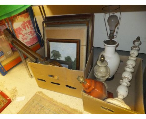 Three boxes of sundries to include oak cased barometer / thermometer, various paintings, four table lamps, pair of brass fire