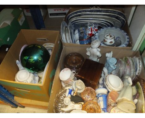 Three boxes of assorted sundry china, glass and treen, to include Royal Albert "Blossom Time" teawares, assorted meat plates,